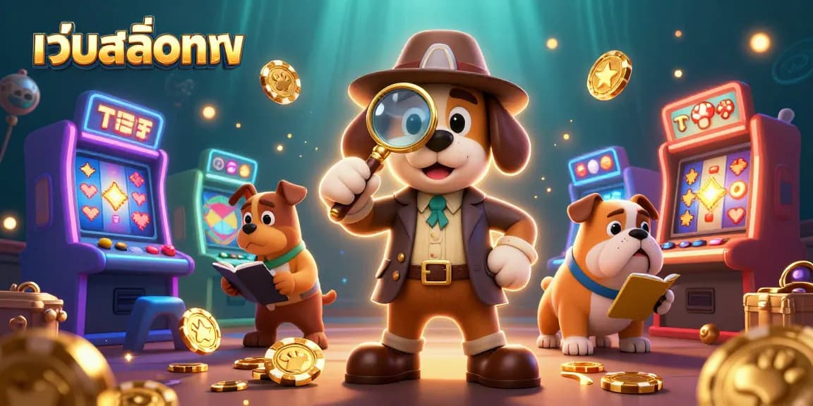 Engage with เว็บสล็อตตรง through a vivid illustration of a detective exploring a vibrant casino world filled with slot game elements.
