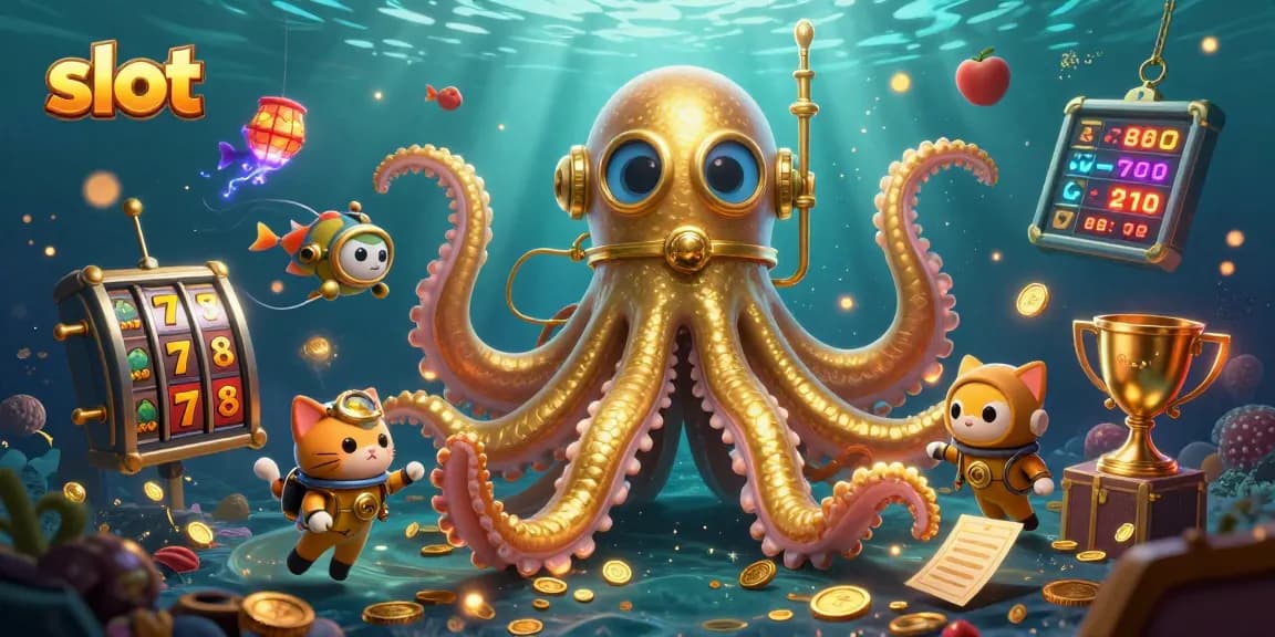 Menang lebih besar bermain slot dengan kraken, kucing penyelam, dan elemen kasino menarik.