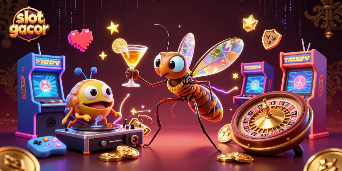 Menangkan slot gacor dengan ilustrasi kasino yang menarik dan elemen permainan bersinar.