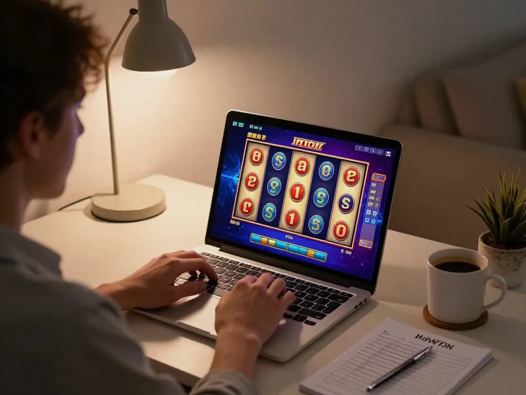 Playing toto slot games on a laptop in a cozy home setup, emphasizing strategic gaming.