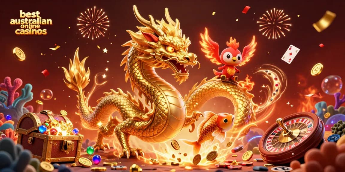 Engage with the best Australian online casinos featuring a dragon, phoenix, and koi in a vibrant casino scene.