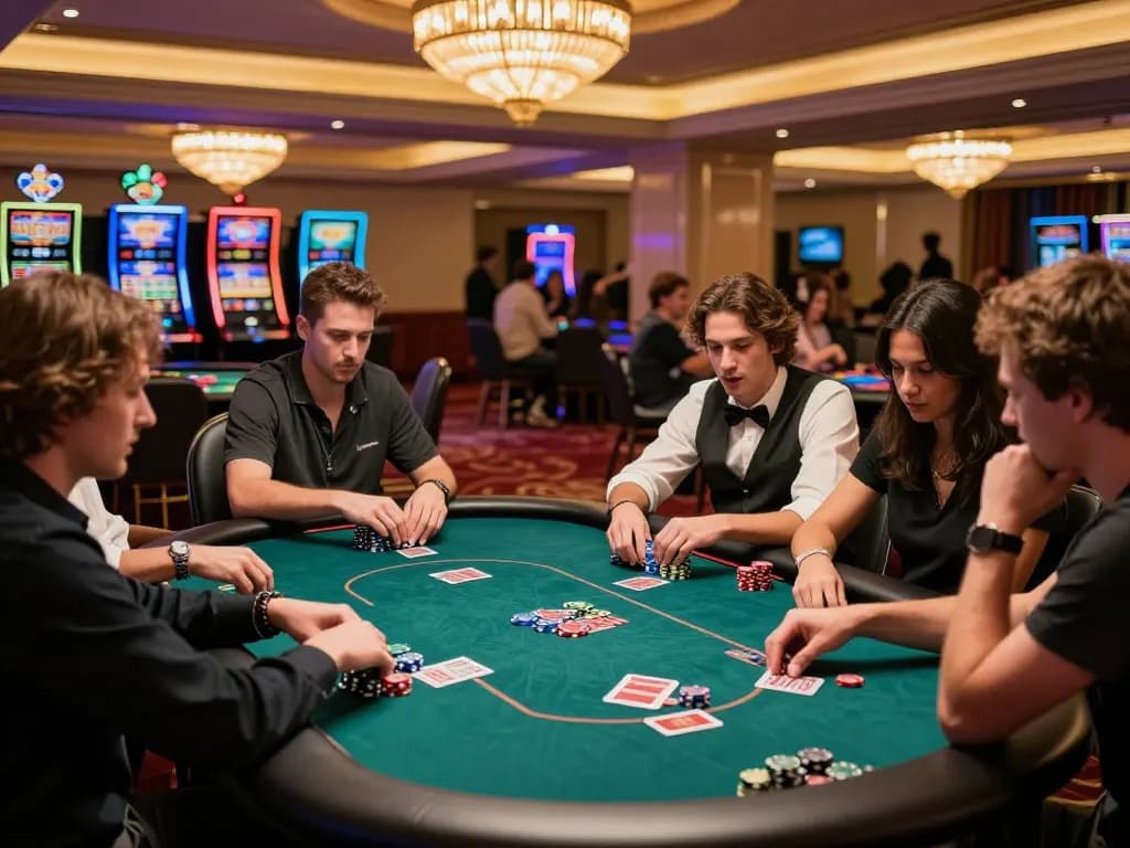 Players in a lively poker game at vt88 casino with chips and cards shown in action.