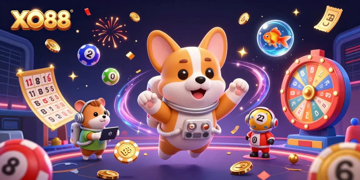 Engage with XO88 casino magic in a vibrant, floating space scene filled with excitement and fun.