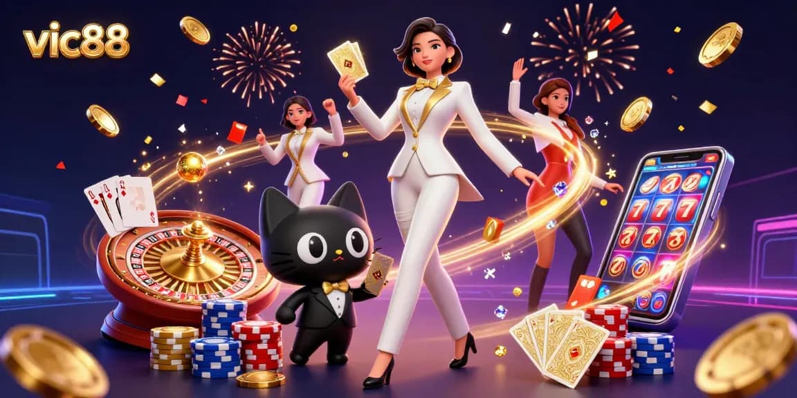 Feel the excitement with vic88 as a stylish woman shuffles cards with cascading treasures in a vibrant casino atmosphere.