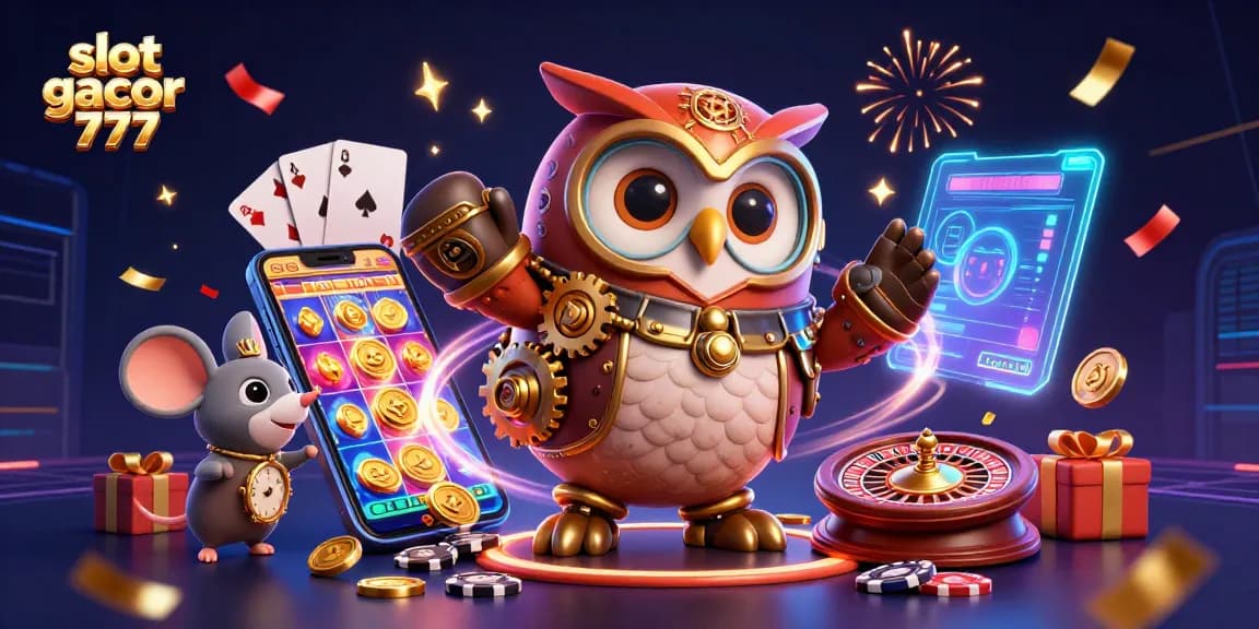 Experience the excitement of slot gacor 777 with this vibrant 3D casino illustration featuring a time-traveler owl.