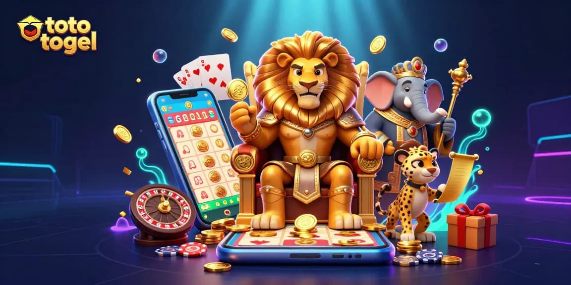 Experience the excitement of toto togel with this vibrant 3D illustration featuring a lion king and dynamic game elements.