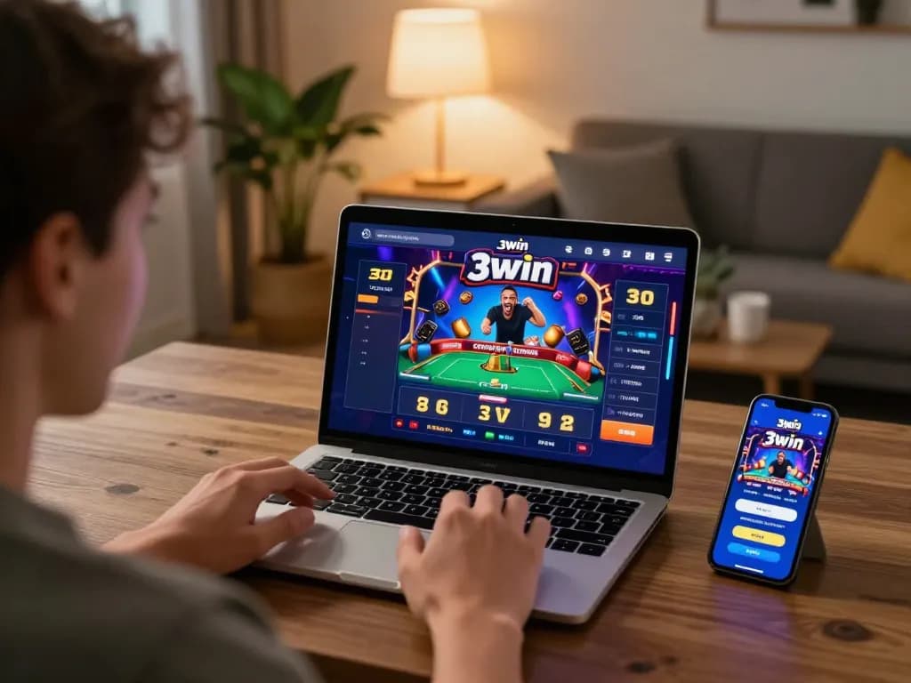 Player enjoying online gaming at home with the 3win casino interface, showcasing excitement and strategic engagement.