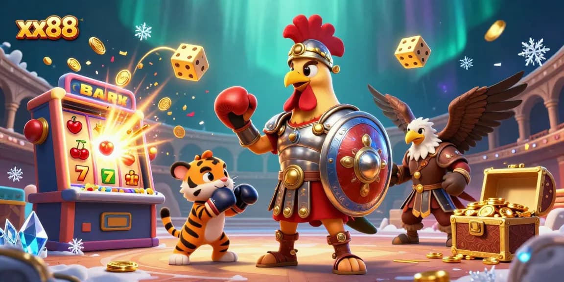 Engage with the xx88 roaring jackpot scene, featuring a gladiator rooster and vibrant gambling elements.