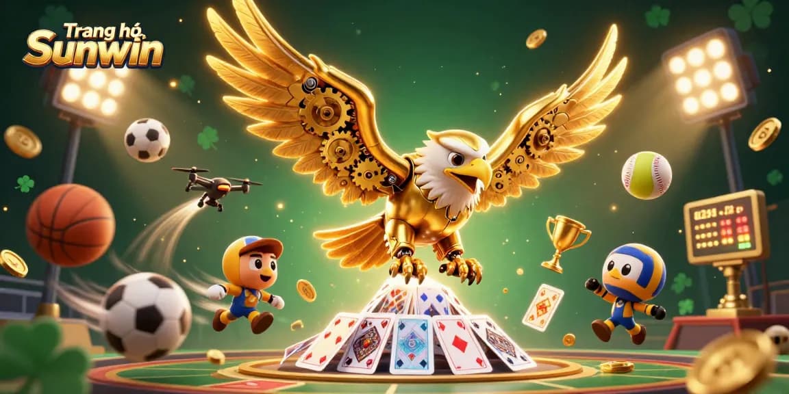 Engage with the vibrant world of Trang chủ Sunwin, featuring a cybernetic eagle amidst holographic cards and dynamic sports elements.