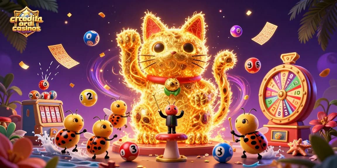Experience the excitement of credit card casinos with a vibrant scene of a lucky cat and playful lottery elements.