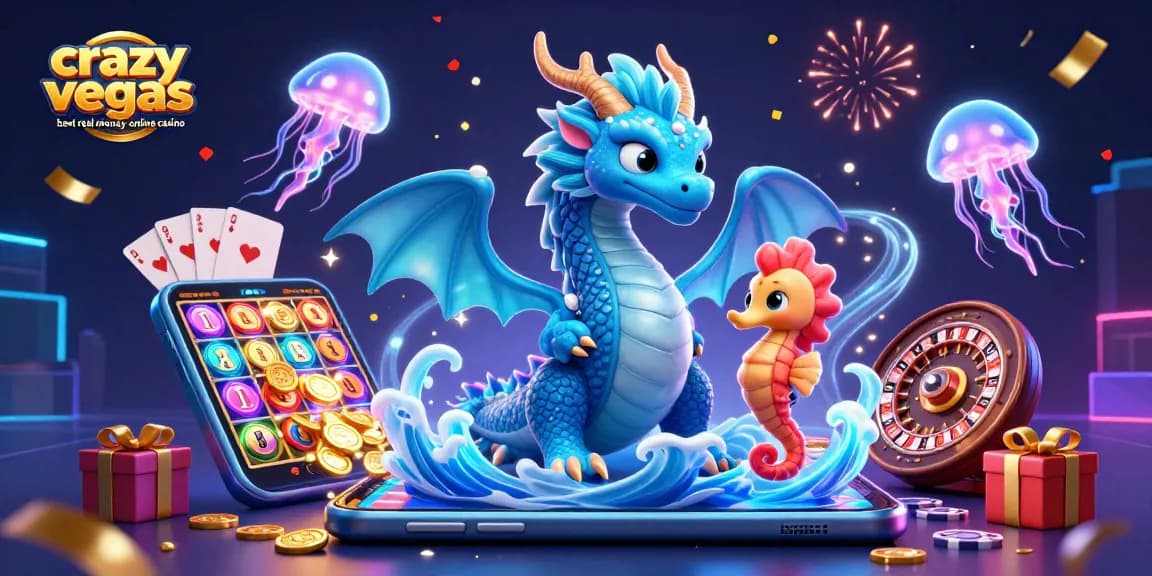 Experience crazyvegas best real money online casino with a vibrant 3D scene of a dragon, seahorse knight, and slot games.