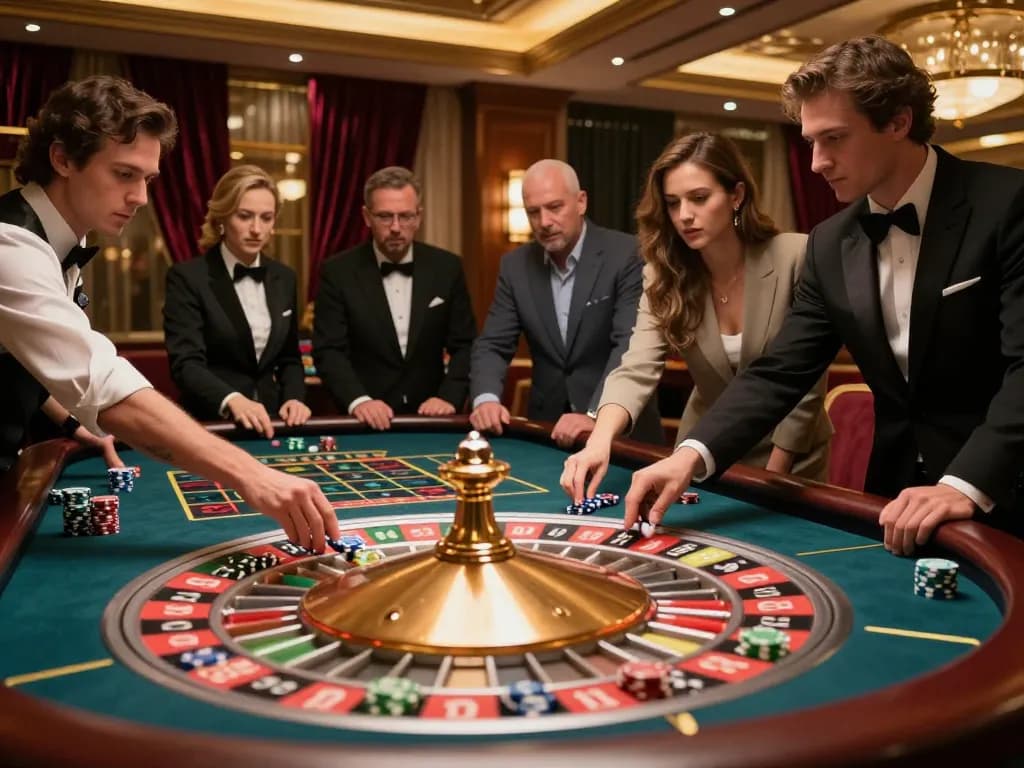 Experience the thrill of roulette at https://dola88vn.com/ with vibrant chips and eager players immersed in the game.