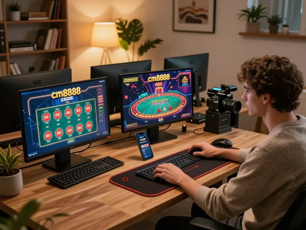 Engaged player using cm8888 app for strategic online gambling at home.