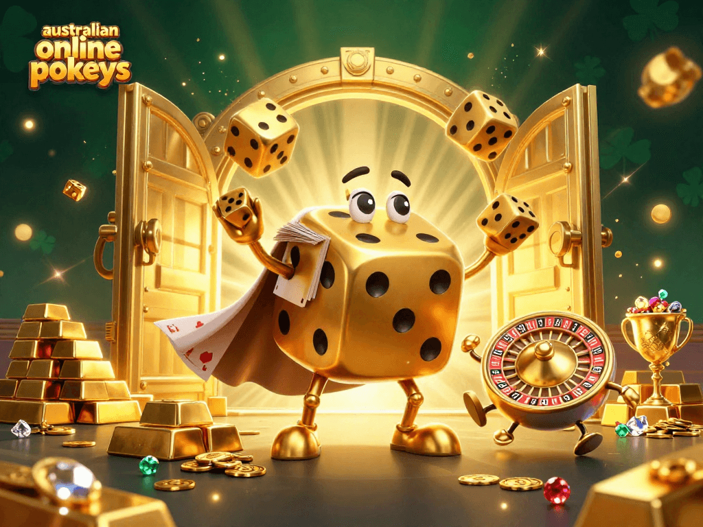 Play exciting australian online pokies with golden dice characters in a rich casino environment.