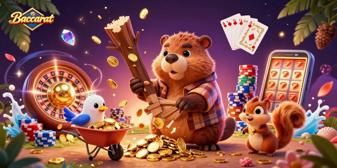 Baccarat game scene with a cartoon beaver, bird, and squirrel celebrating winning coins and gems.