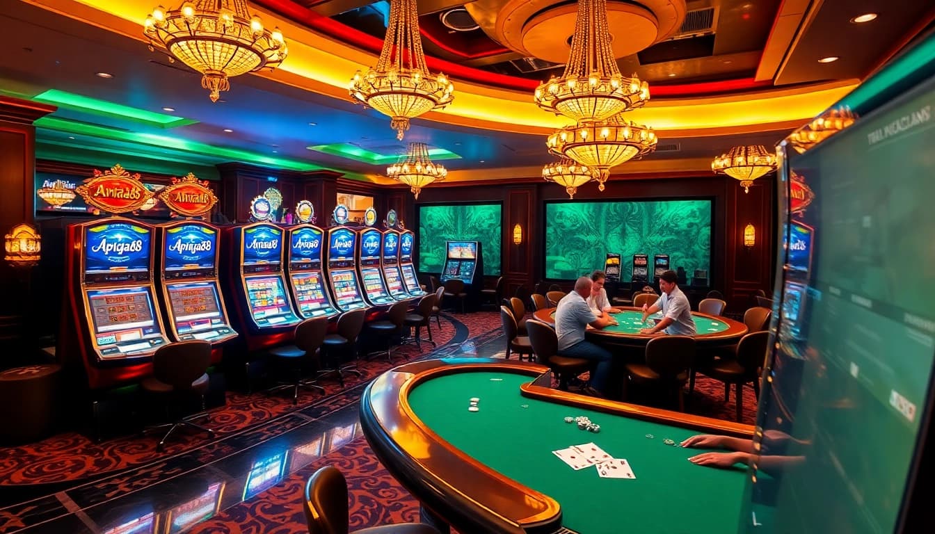 Playing the slot online apiraja88 in a luxurious casino with vibrant machines and engaged players.