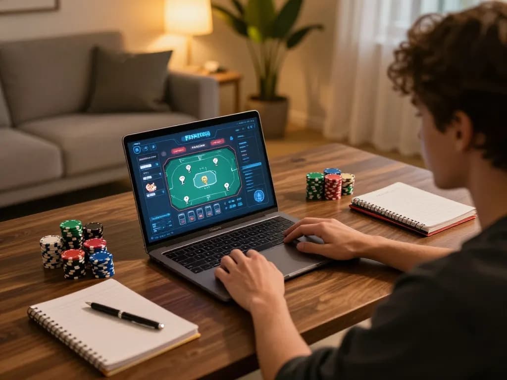 Player engaging with FAFA828 on a laptop in a cozy home setting, showcasing online gambling strategy.