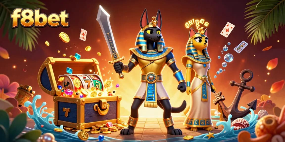 Experience the excitement of f8bet with an epic jackpot scene featuring ancient Egyptian characters and vibrant casino elements.