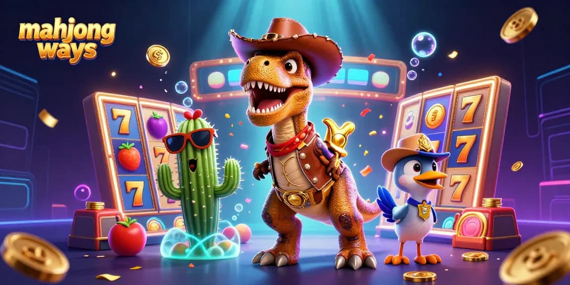 Capture excitement in mahjong ways with a dynamic scene featuring a T-Rex cowboy, cactus sidekick, and roadrunner amidst slot reels and confetti.
