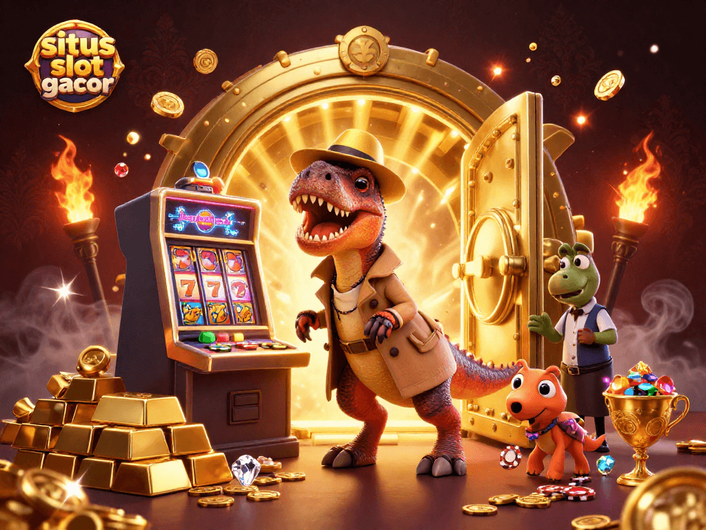 Engage with situs slot gacor featuring a velociraptor and stegosaurus at a vibrant jackpot slot machine.