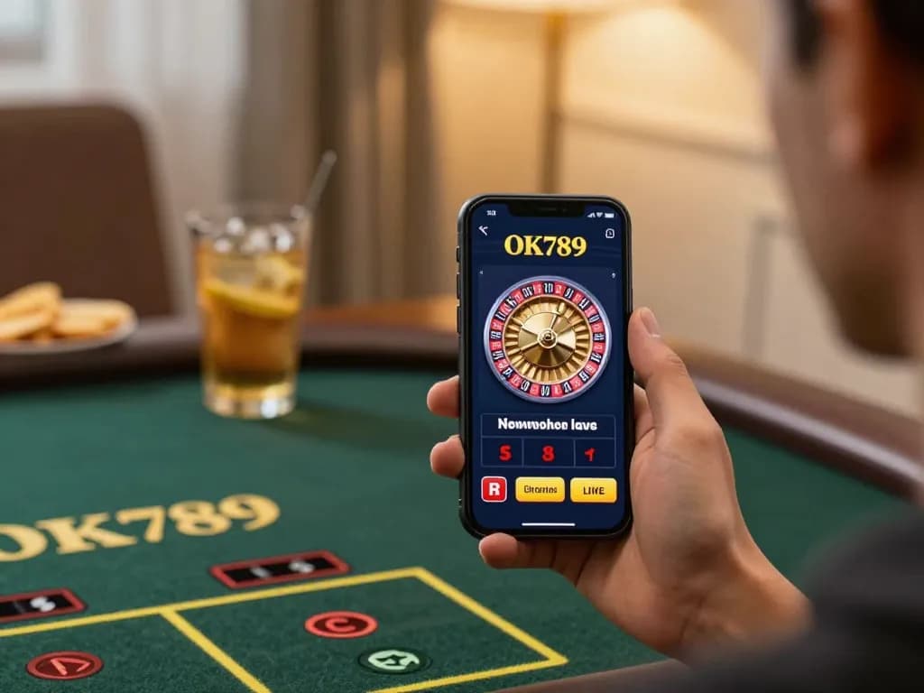 Playing casino games on the OK789 mobile app in a cozy home setting.