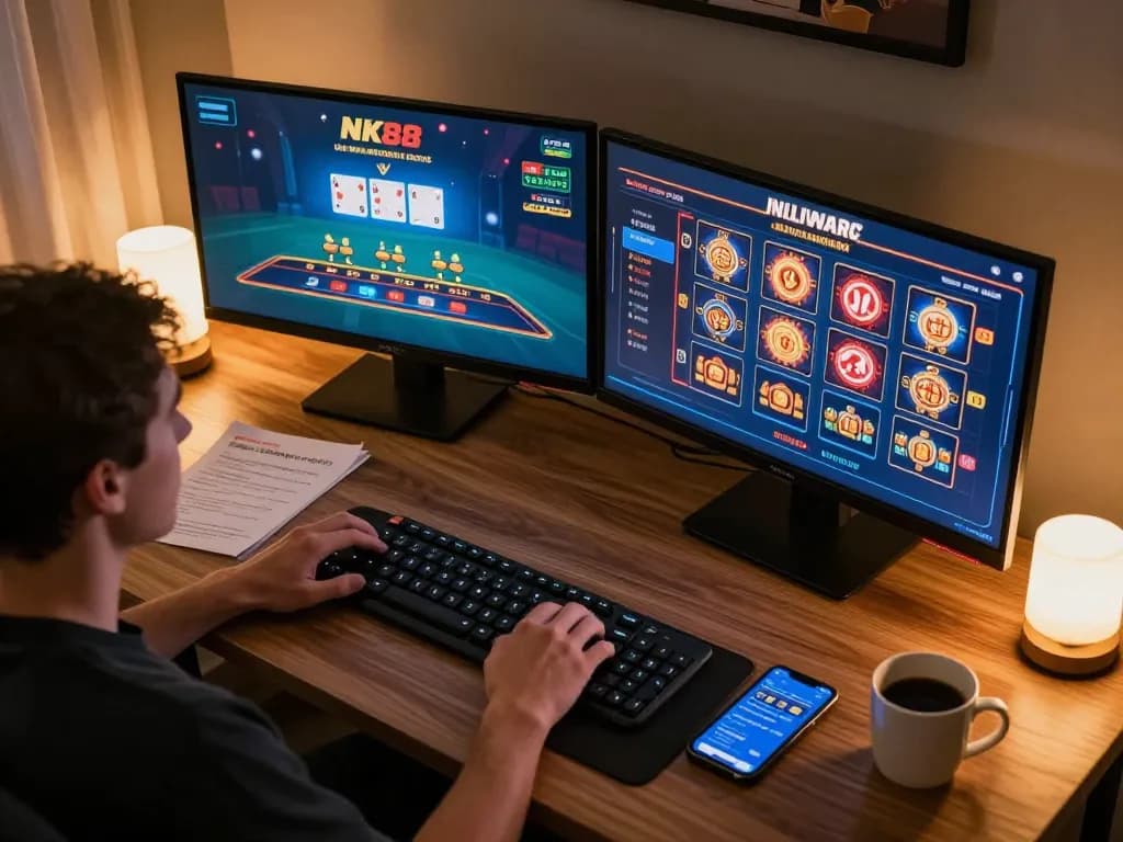 Player engaging with NK88 online casino games, dual screens featuring live blackjack and slots, cozy at-home setting