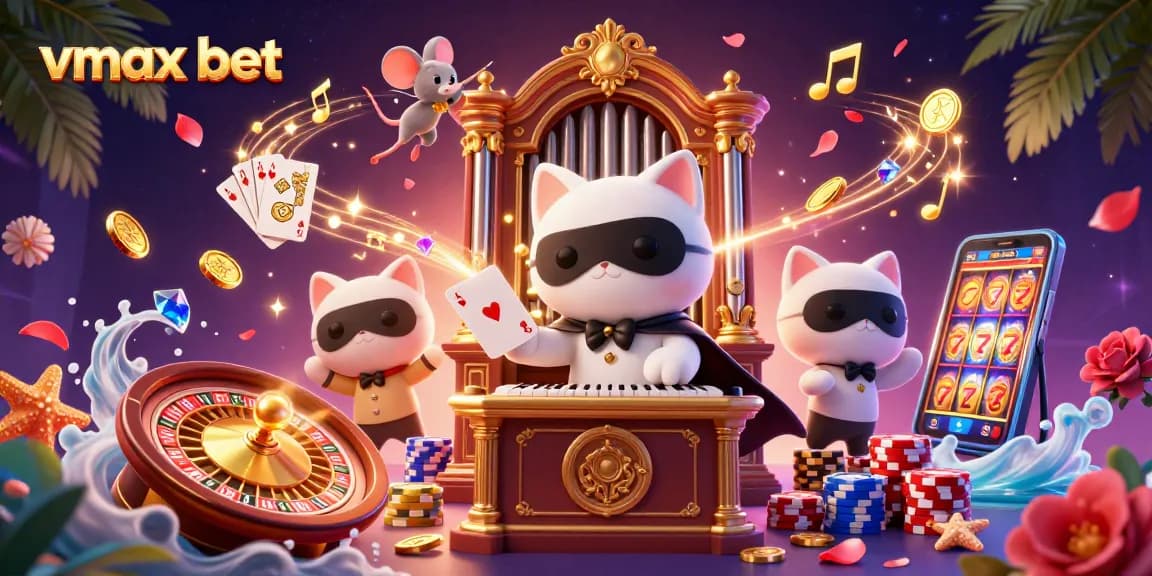 Experience thrilling gameplay at vmax bet with a vibrant casino scene showcasing 3D characters and gambling elements.