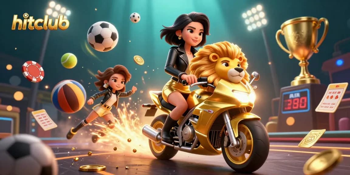 Engage with hitclub's dynamic casino scene featuring an Asian woman on a golden lion mascot among sports elements.