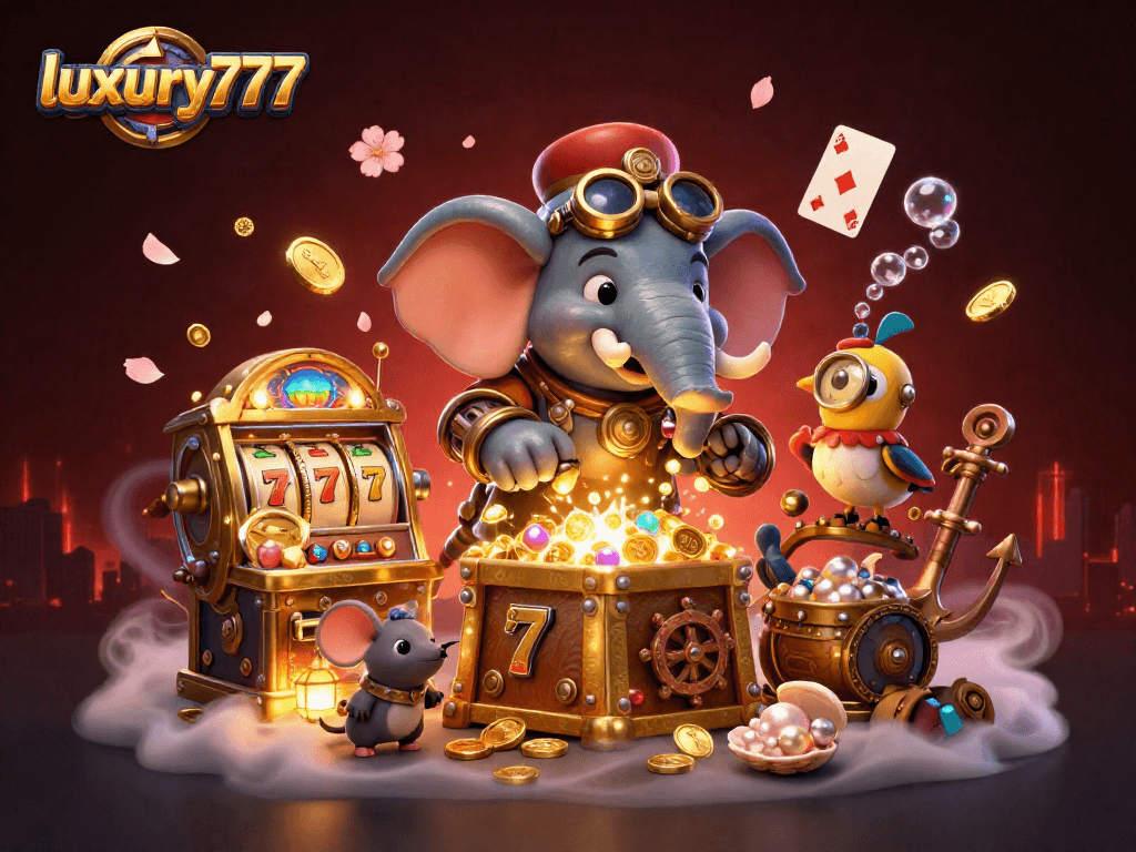 mesin slot luxury777 berkilau menarik perhatian dengan tumpukan koin emas dan permata berwarna-warni di sekitarnya