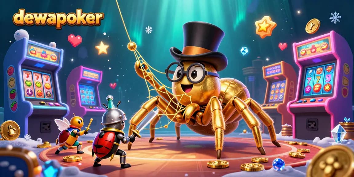 Dewapoker players winning big at a colorful 3D casino with vibrant characters and gaming elements.