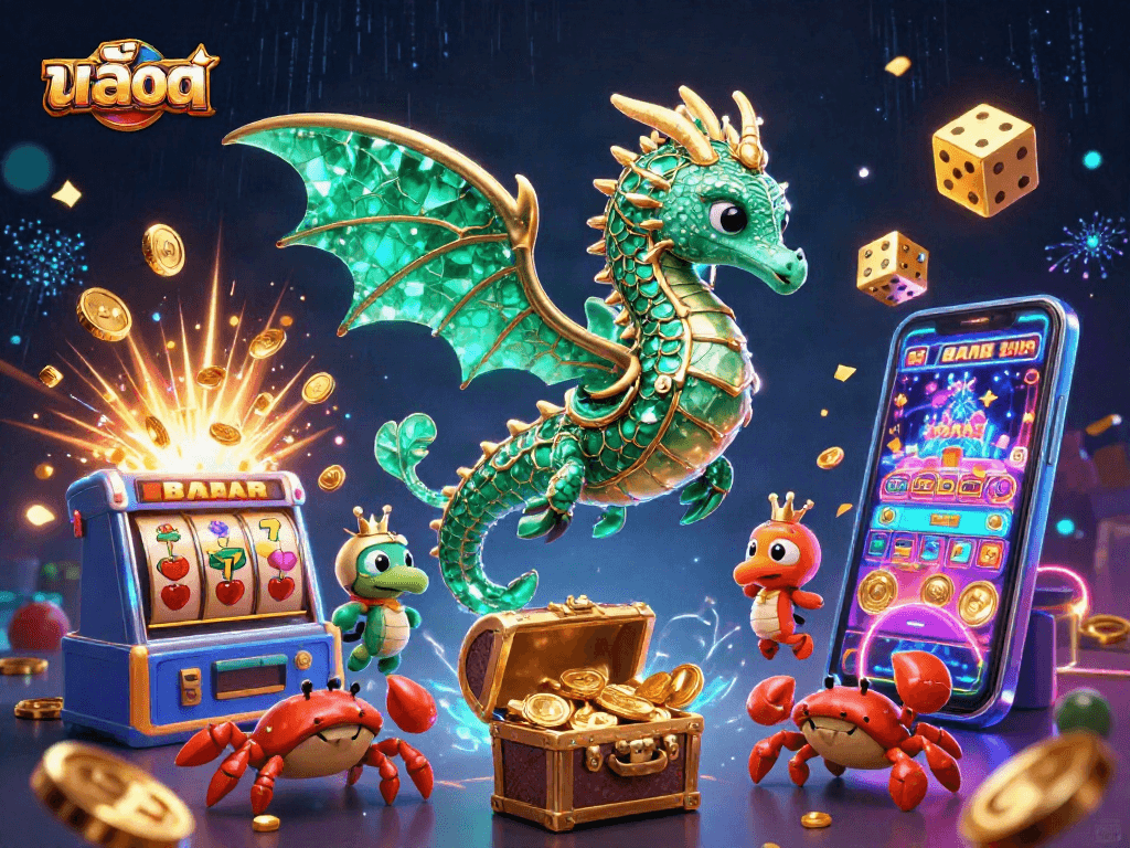 Experience the excitement of สล็อต with a vibrant sea dragon, treasure, and slot machines!