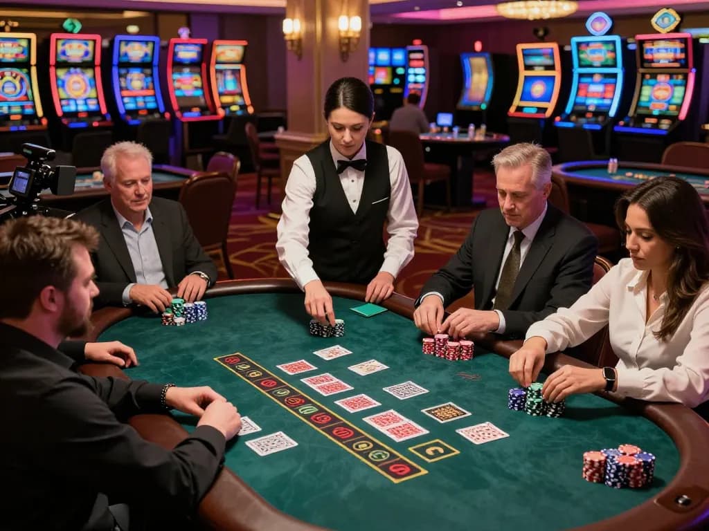 Players strategizing at a blackjack table at ok365, showcasing dynamic gameplay and casino atmosphere
