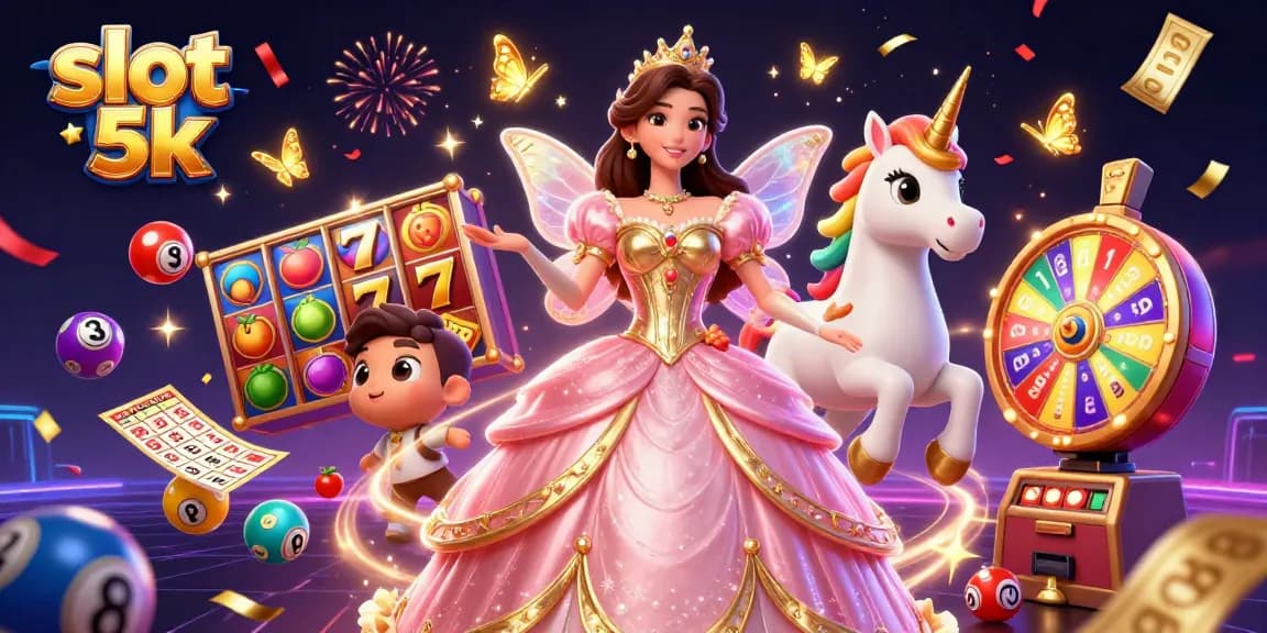 Experience thrill and excitement with slot 5k as colorful reels and jackpots soar around a magical scene.