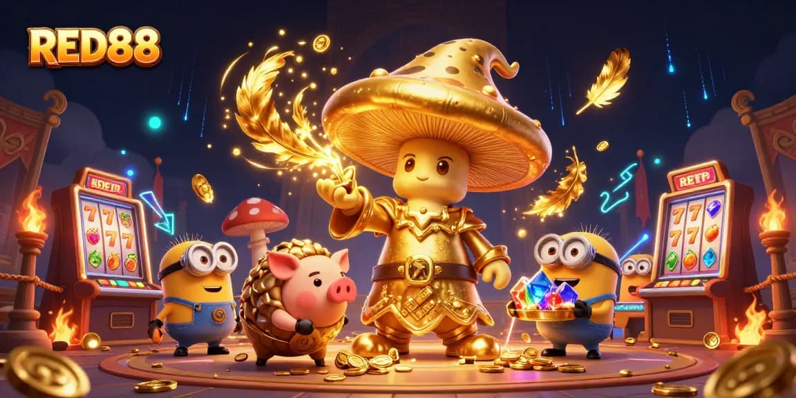 Engage in the RED88 casino experience, featuring a wizard and treasure hunts amid glittering gold!