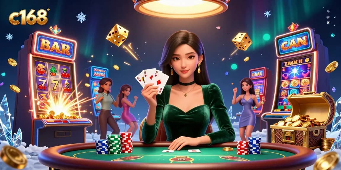 Enjoy exciting poker action at c168 with a beautiful Asian woman at a luxury table.