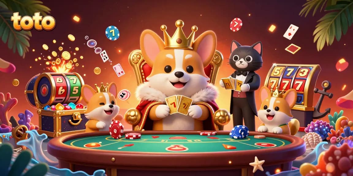 Experience thrilling toto slots with a royal corgi on a poker chip throne and vibrant casino elements.