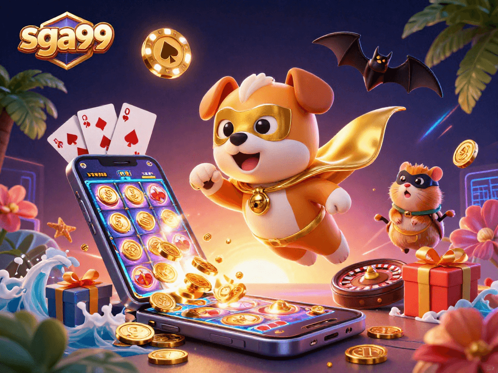 Experience thrilling wins with sga99 as the superhero dog flies, surrounded by exciting casino elements.