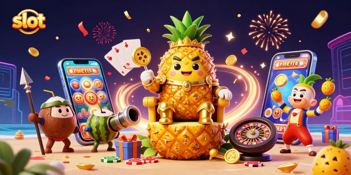 Slot online 222SLOT menampilkan raja nanas emas dengan pertunjukan menggembirakan dan elemen kasino.