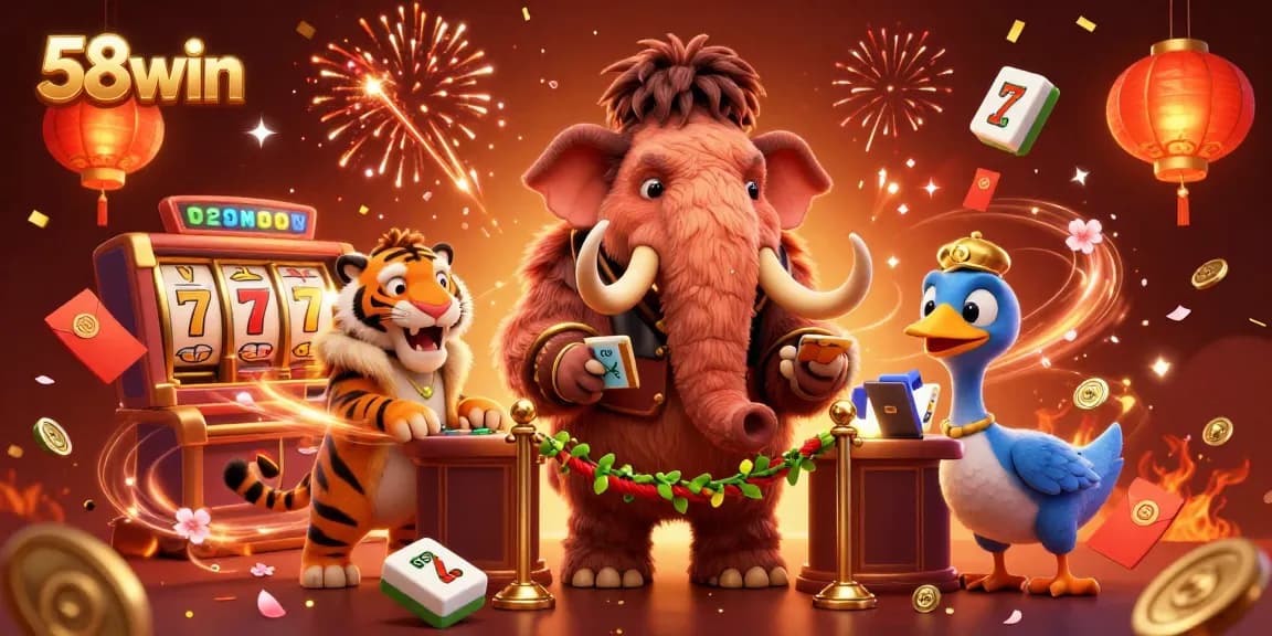Win at 58win with a thrilling casino scene featuring characters and dynamic elements.