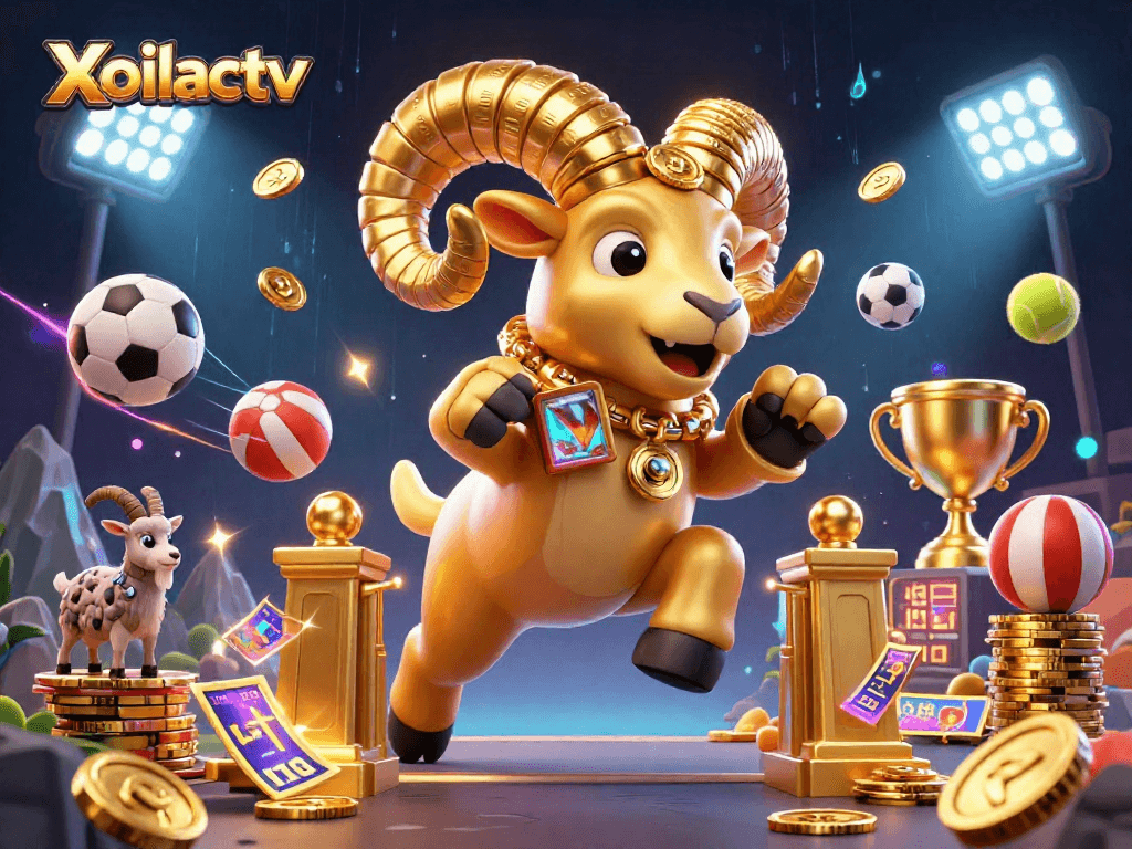 Xoilactv showcases a dynamic sports betting scene with a golden ram charging, surrounded by floating sports balls.