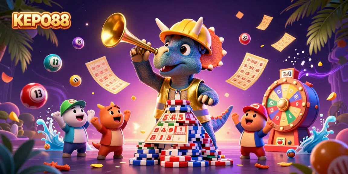 Experience the thrill of KEPO88 with vibrant characters building poker chip pyramids surrounded by lottery excitement.