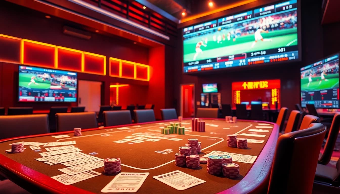 Betting strategies illustrated with vibrant poker chips and betting slips in a dynamic sports betting atmosphere, เทคนิคแทงบอล.