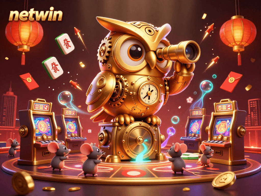 Engage with netwin's thrilling casino atmosphere, featuring an ornate clockwork owl and bustling mouse patrons.