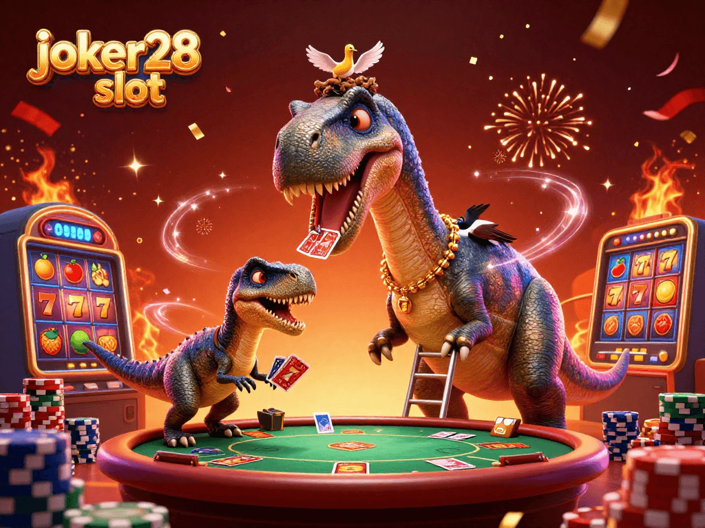 Joker28 slot menampilkan brontosaurus dan raptor dengan kartu poker di kasino yang meriah.