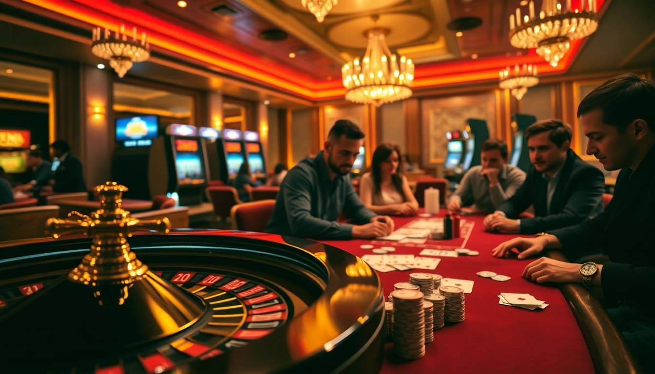 Engaging players enjoying a casino experience with MM88 COM, featuring poker chips and roulette.