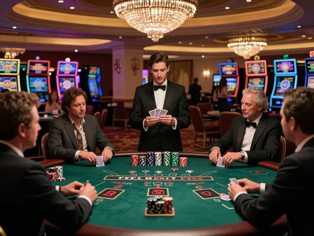 Players at z16 blackjack table in elegant Las Vegas casino showcasing strategic plays and excitement.