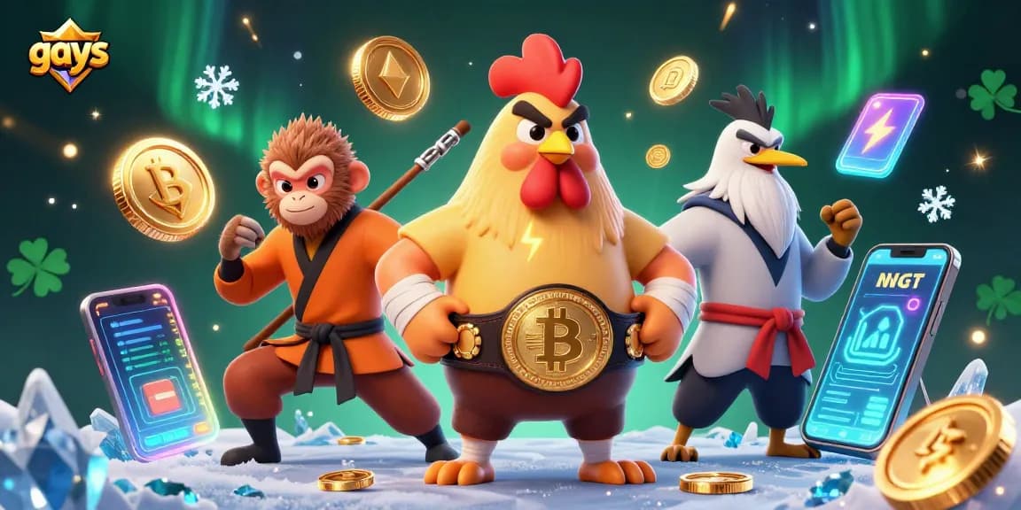 Gays embark on a thrilling casino adventure, surrounded by glowing crypto coins and vibrant characters.