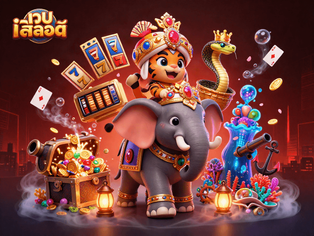 Experience เว็บสล็อต excitement with a vibrant, action-packed scene featuring unique casino elements.