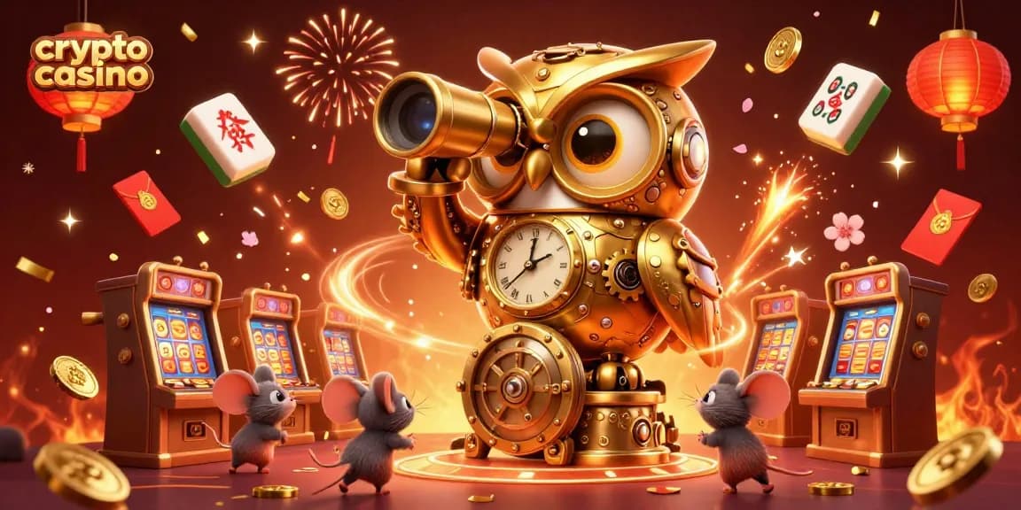 Experience the crypto casino vibe with a clockwork owl supervising lively gameplay.