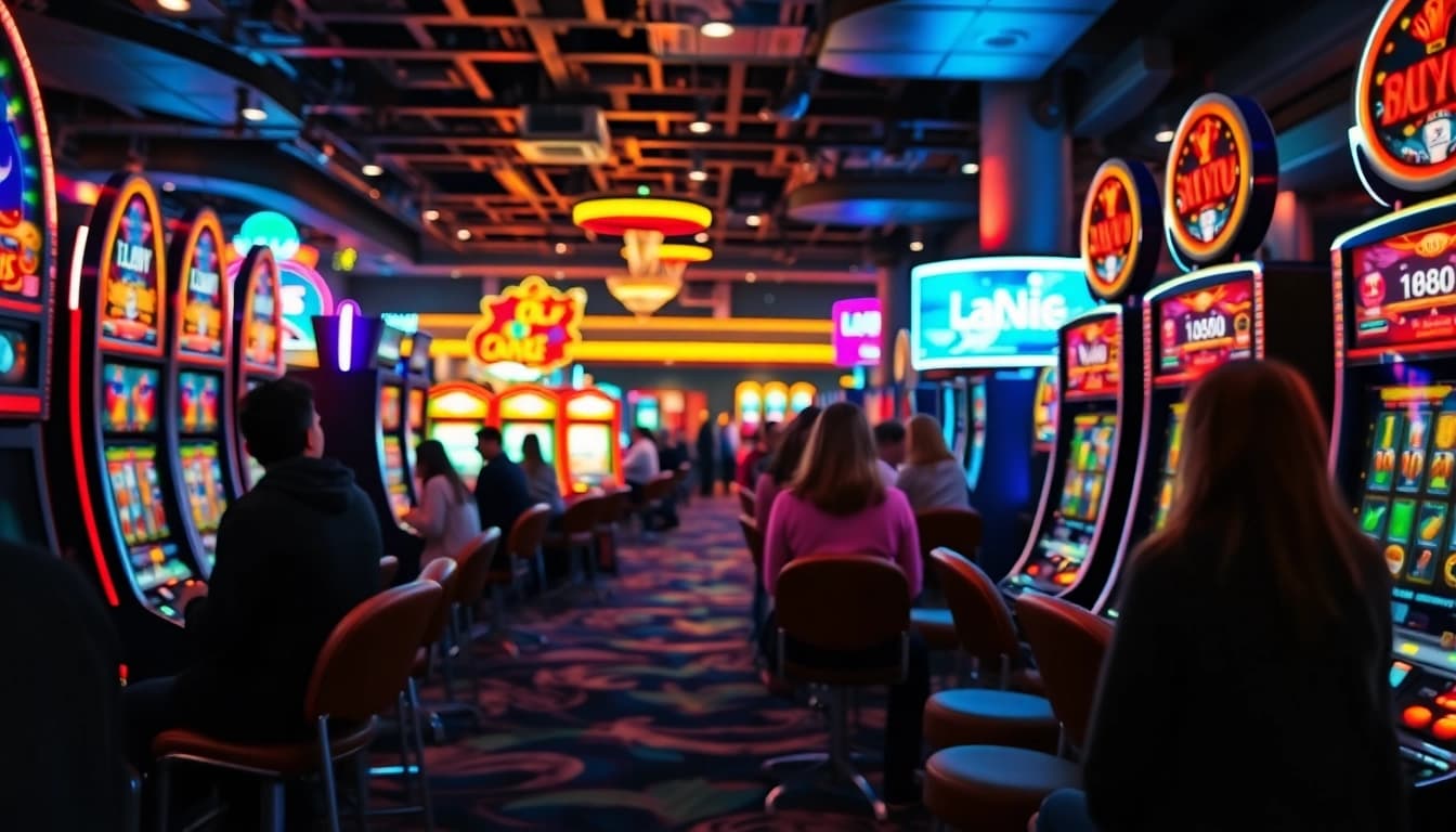 Menggambarkan pengalaman Kenangan4D dalam casino dengan mesin slot yang ramai dan warna cerah.